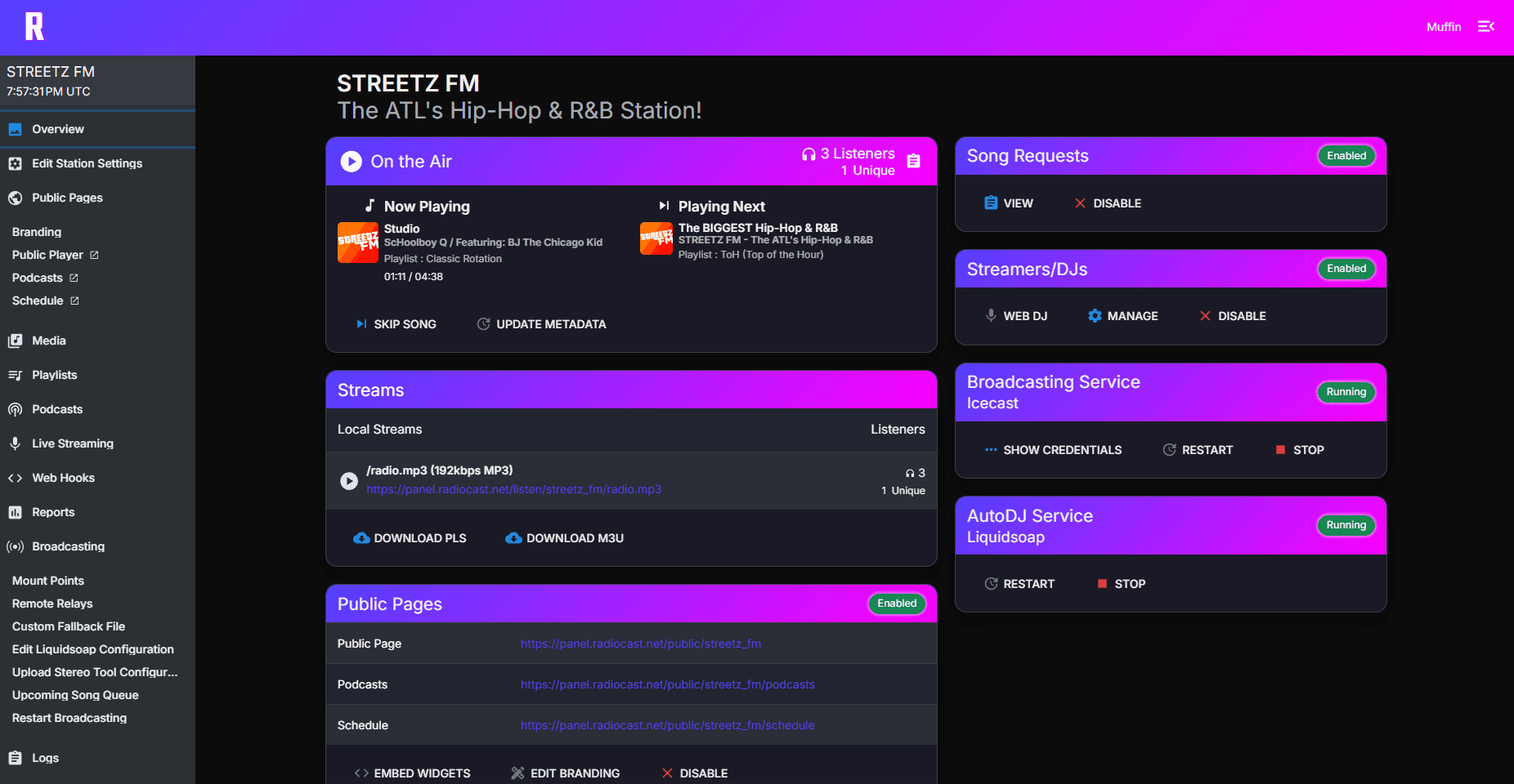 Radiocast dashboard