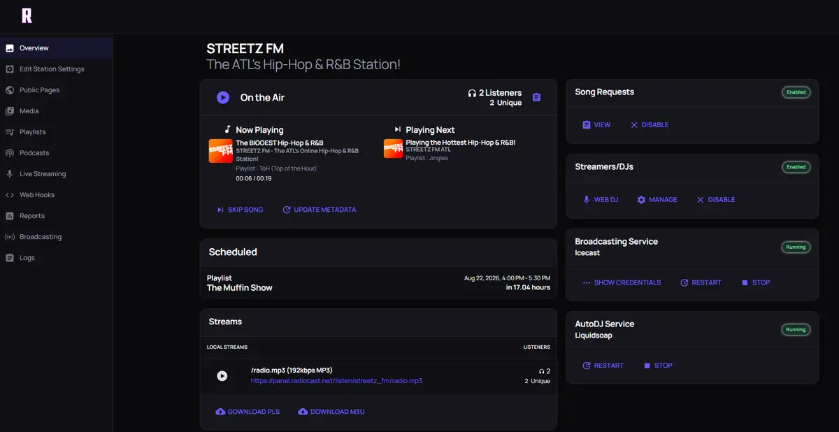 Radiocast Hosting now-playing and schedule controls
